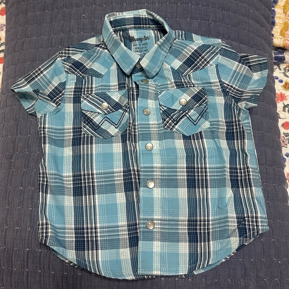 NWOT Wrangler Blue and Black Button Down Shirt Western Style 12 Months